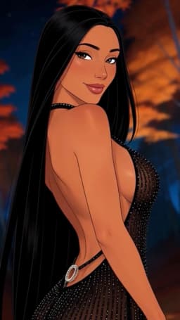 The woman stands in a poised three-quarter turn, her body angled away while her head glances back over one shoulder with a soft, knowing smile and direct gaze. Her silhouette reveals a tall, balanced frame with broad shoulders tapering smoothly into a narrow waist and the gentle outward curve of her hips, the skin across her back stretched taut over sweeping, firm contours that rise and fall in long, rounded planes. Cascading down her back and over one shoulder is a thick sheet of straight, glossy black hair that reaches well past the waist, its heavy strands catching the light and partially framing the exposed expanse of skin. She wears a sleek black halter gown of sheer, beaded fabric that clings closely along the sides, leaving the entire back open from the neck strap downward; the material gathers into a low, fringed hem that sits just below the hips. A single thin black strap crosses the lower back, the visible band of her thong, centered by a sparkling oval embellishment positioned right above the continuation of the strap that slips beneath the gown’s hem and disappears between the rounded cheeks. The skin along the back shows dense, solid firmness with broad, flowing ridges that catch the warm light in soft highlights and deep, continuous shadowed channels running vertically beside the spine, the whole surface tapering gracefully and lending a powerful yet softly curved presence to the figure.