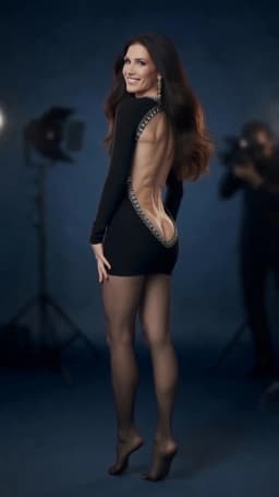 The woman stands with her back mostly toward the viewer, her torso twisted at the waist as she glances over one shoulder with a soft smile. Her long, dark hair falls in loose waves down her back and over one shoulder. She wears a short black dress with long sleeves that clings closely to her frame, its back cut away in a deep, curving opening edged with rows of small metallic studs that trace from the base of her neck down to the upper curve of her hips. The dress hem sits high on her thighs. Sheer black pantyhose cover her legs, the fine mesh smoothing over the rounded contours of her calves and thighs while revealing the underlying skin tone and subtle muscle tone beneath. Her ankles appear narrow within the taut fabric. Both feet are bare of shoes, the same sheer pantyhose stretched smoothly over her arches and toes, the material slightly gathered at the base of her toes as her heels lift and her weight rests on the balls of her feet. One hand rests lightly against her upper thigh, fingers relaxed. Large dangling earrings catch the light at her visible ear. The overall pose creates a clear silhouette that emphasizes the contrast between the covered sleeves and the open expanse of her back.