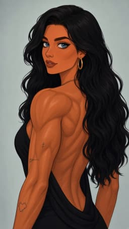 A woman with deeply tanned skin and a highly muscular physique stands with her back mostly toward the viewer. Her torso is twisted so that her head turns over her left shoulder, blue eyes meeting the viewer directly. Long, thick black hair falls in loose waves down her back and over her right shoulder, partially covering the upper portion of her exposed back. She wears a black dress with a deep open back that drapes low across the hips, leaving the spine, shoulder blades, and most of the upper back bare. A thin gold chain rests at the base of her neck, and a large gold hoop earring is visible in her left ear. Several small tattoos appear on her left arm: a cross-like symbol near the shoulder, handwritten-style script on the inner forearm, and a crowned heart near the wrist. Her right arm is mostly obscured by hair and posture. The muscles of her back, shoulders, and arms are prominently defined, though distinctly feminine which provides prominent, potent, arousing, erotic allure. Her lips are closed in a neutral expression.