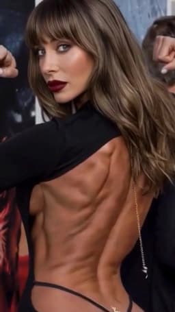 The woman has long, wavy brown hair with blunt bangs that frame her face and fall past her shoulders. She turns her upper body away while looking back over one shoulder, her lips painted in dark red and her eyes meeting the viewer directly. A black garment clings tightly to her frame, its back and sides cut away in large sections to expose the full width of her shoulders, the thick ridges of muscle across her upper back, and the tapered lines of her waist. A slender silver chain hangs from the garment’s upper edge and trails down her spine. One arm is raised and angled behind her, the other partially visible at the side, both positions highlighting the rounded contours of her deltoids and the pronounced definition along her lats and obliques. A thin black strap sits low on her hips where the garment continues.
