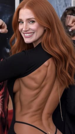 The woman has long, voluminous red hair with loose waves that tumble down her back and across one shoulder. Her face turns over her shoulder with a wide smile revealing even white teeth and full lips, while her green eyes gaze outward. Her skin shows a warm, sun-bronzed tone across her exposed back and shoulders, where defined muscles create pronounced contours along the shoulder blades, spine, and lower back. She wears a form-fitting black garment with long sleeves and a high neckline in front, cut away in a deep open back that bares her entire upper and mid-back, held by slender straps at the hips. A fine gold chain hangs from the garment near her shoulder blade, while a small gold pendant sits at the base of her spine. Her posture arches slightly, one arm raised, highlighting the smooth taper of her waist and the rounded shape of her hips.